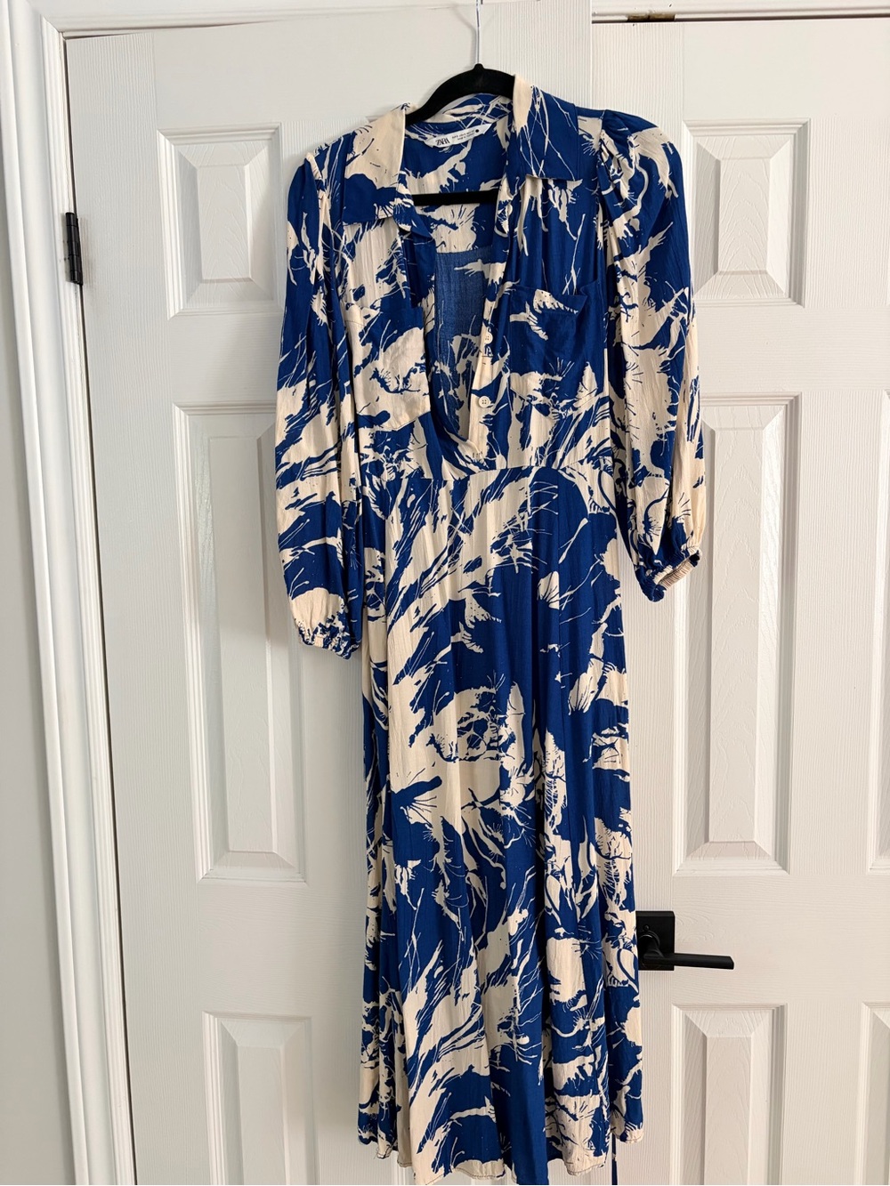ZARA Blue and Cream Printed Midi Dress